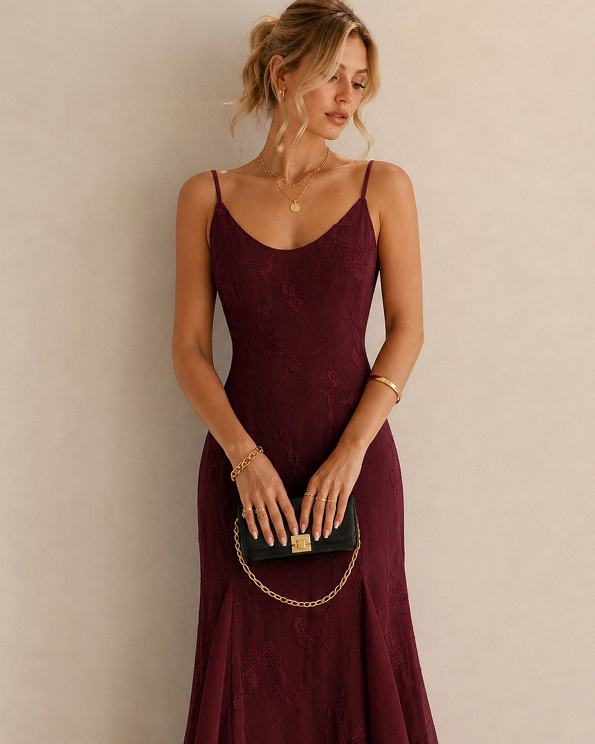 Vestido largo sirena bordado vino - JINCHENG