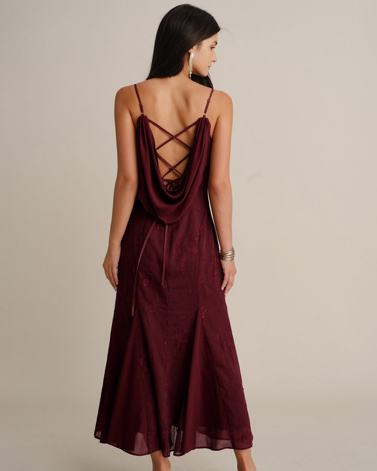 Vestido largo sirena bordado vino - JINCHENG