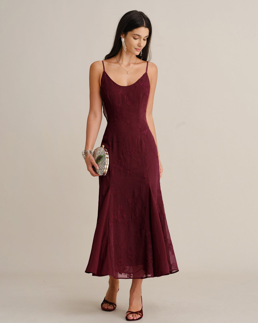 Vestido largo sirena bordado vino - JINCHENG