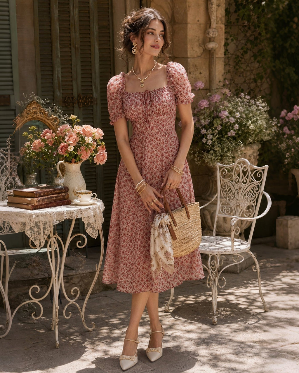 Vestido elegante floral de gasa rosa con escote