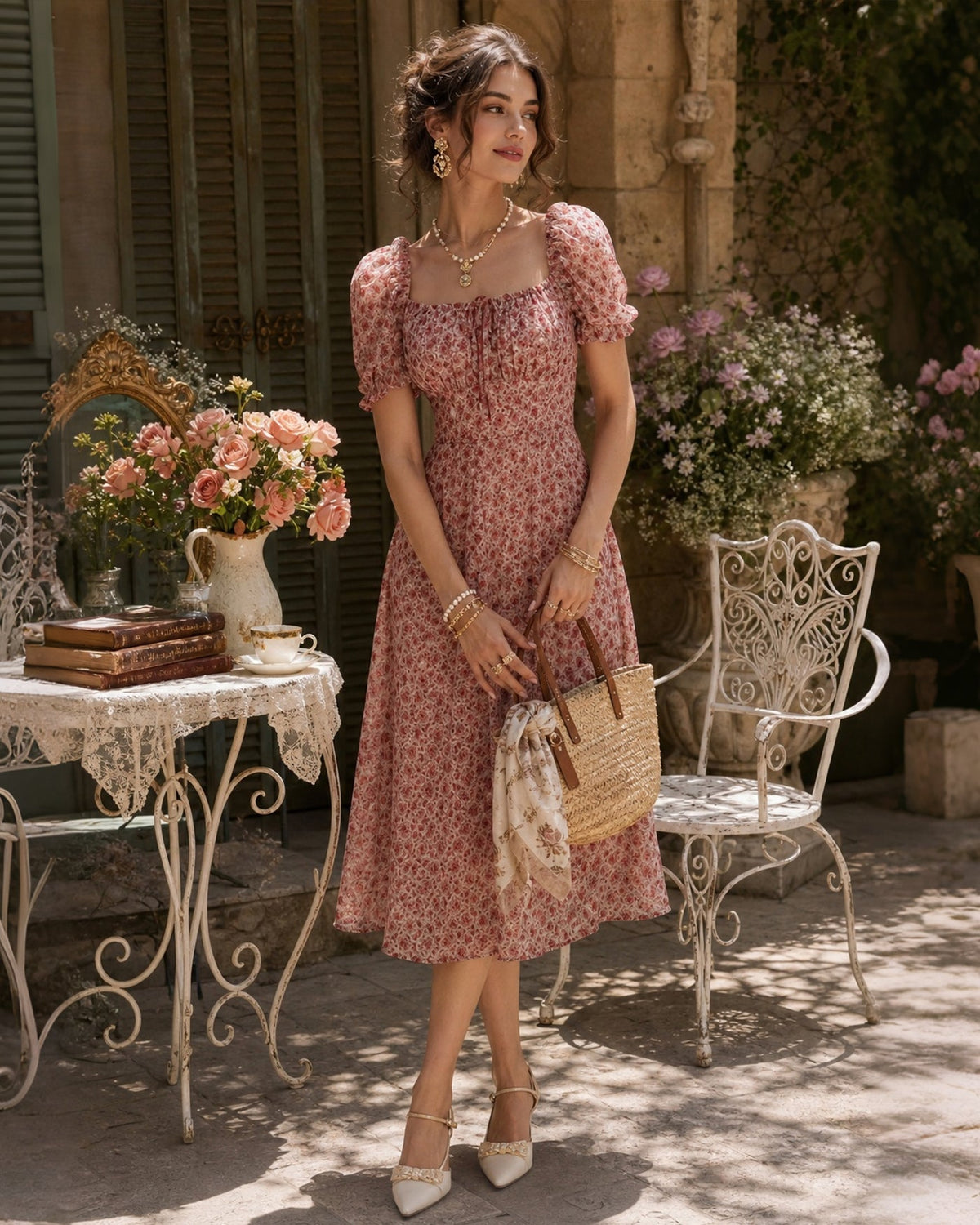 Vestido elegante floral de gasa rosa con escote
