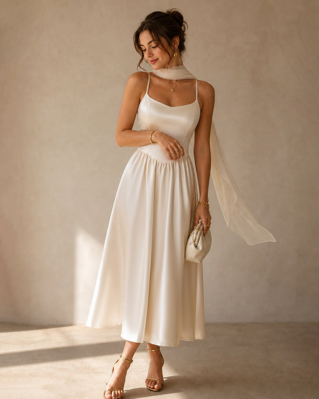 Vestido elegante color albaricoque con gasa