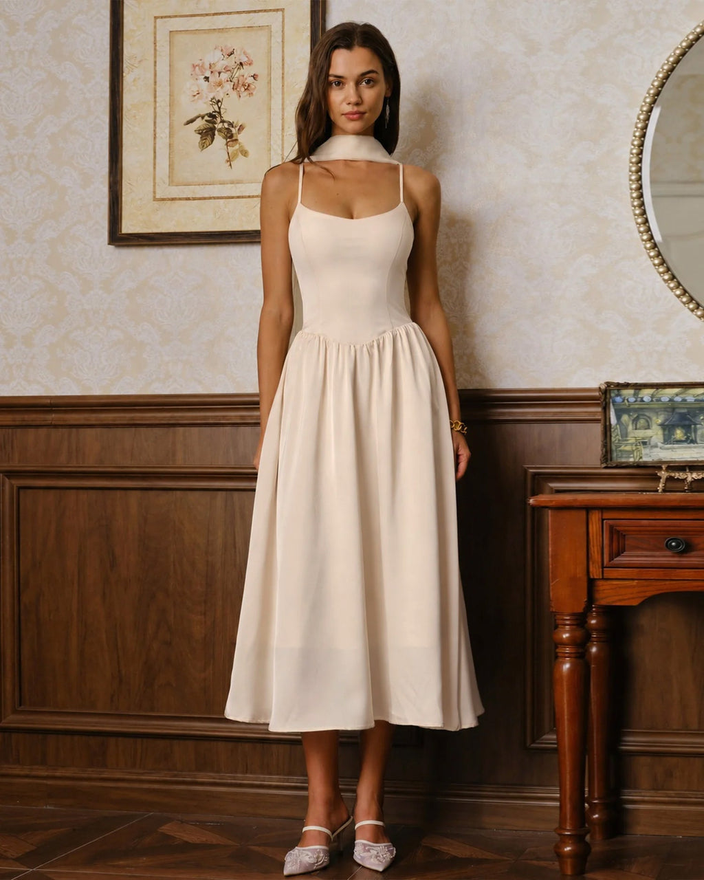 Vestido elegante color albaricoque con gasa