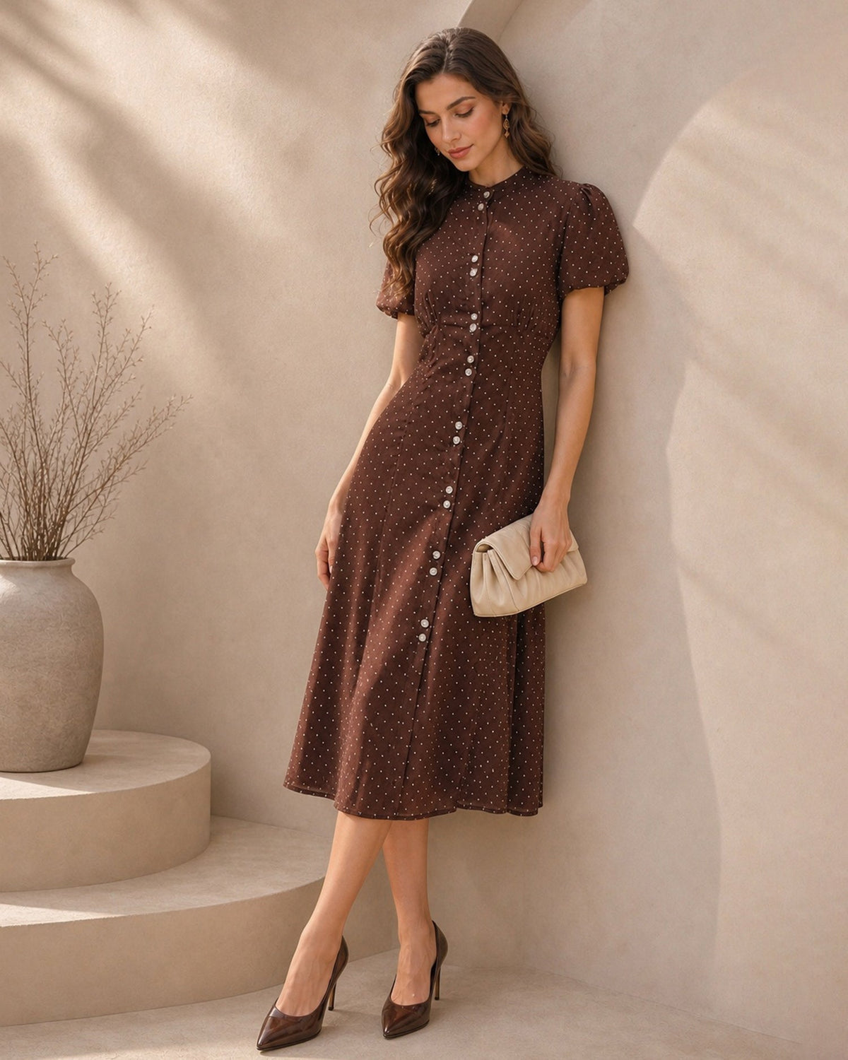 Vestido elegante marrón con lunares