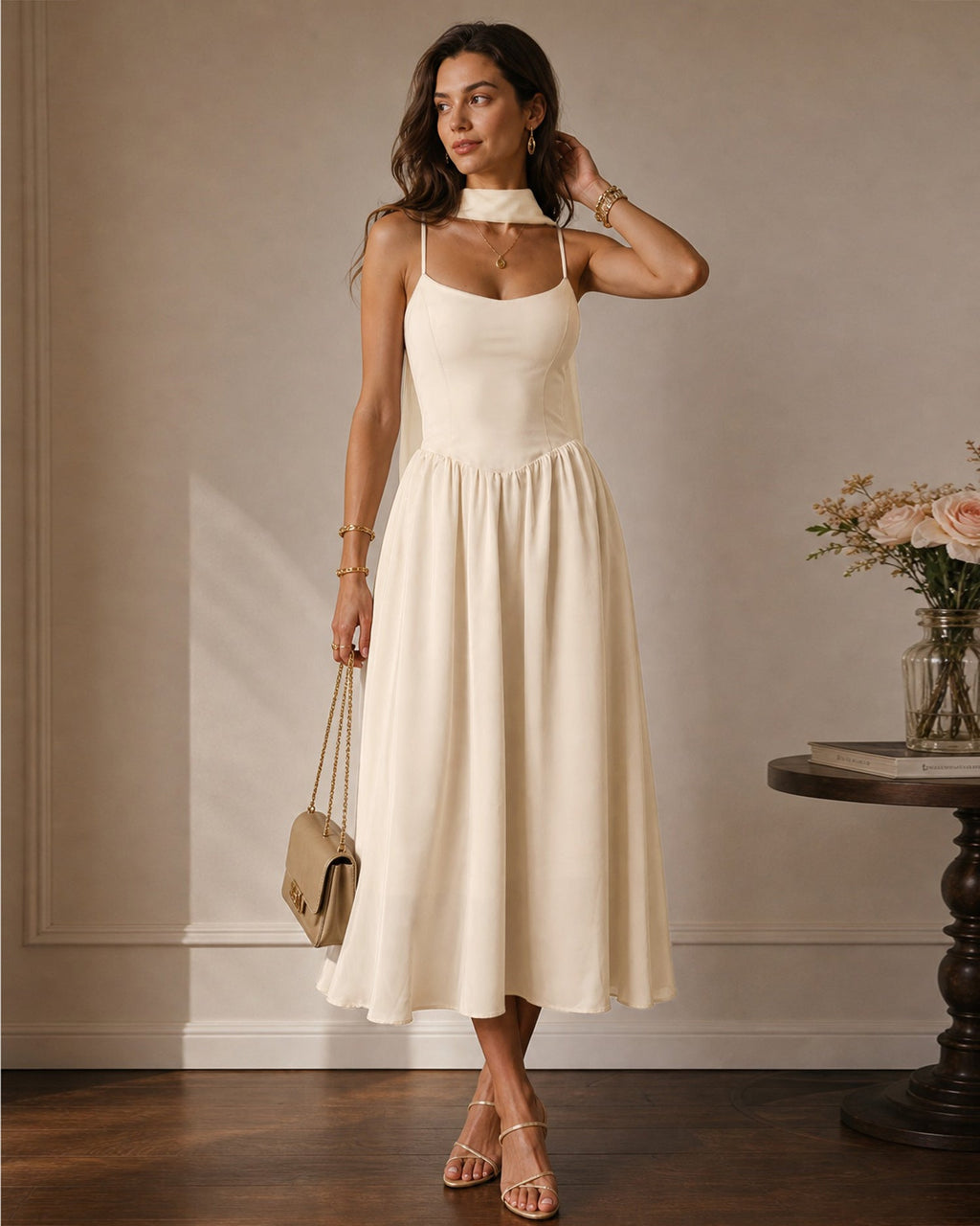 Vestido elegante color albaricoque con gasa