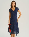 Vestido elegante azul marino con lunares