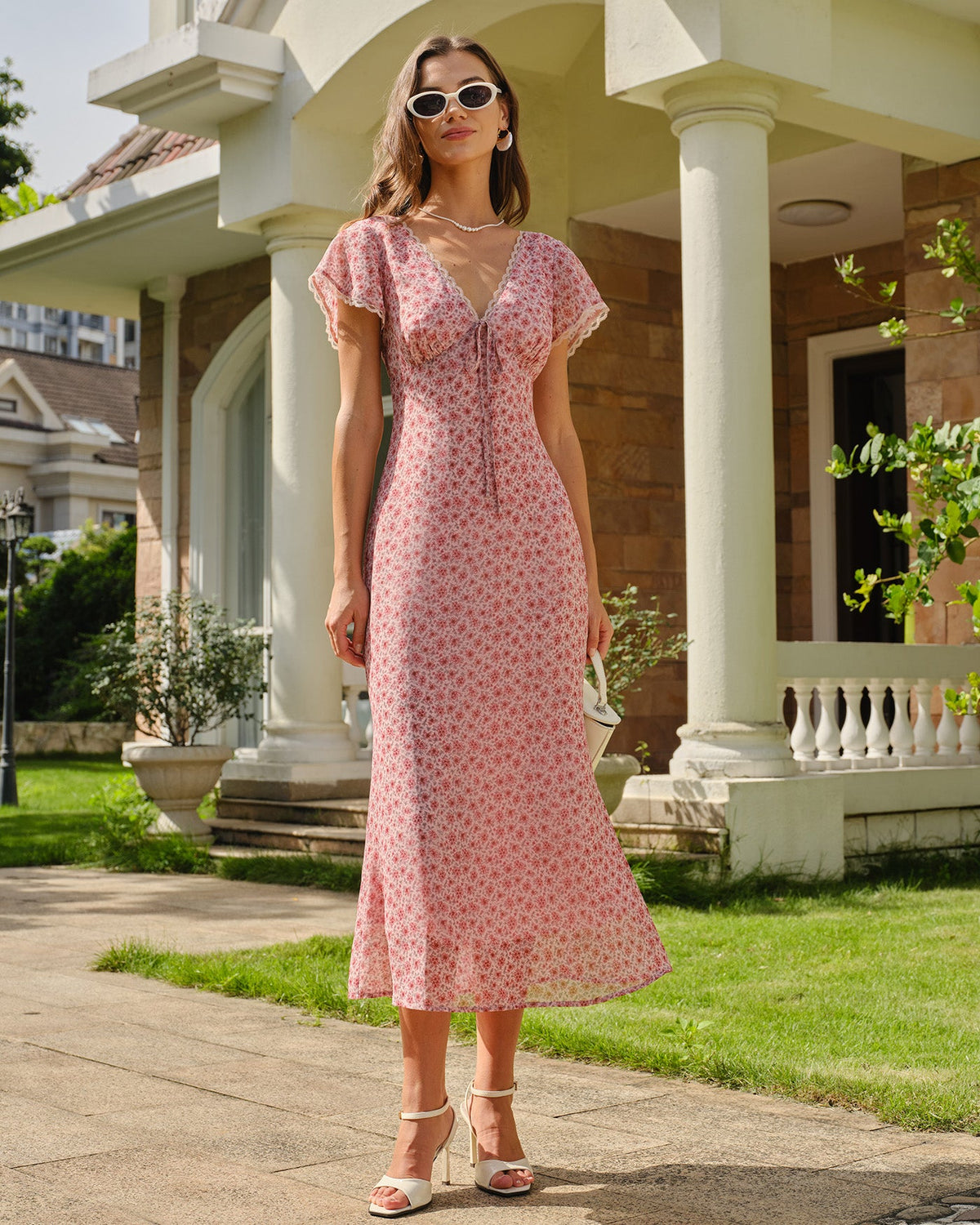 Vestido elegante rosa de encaje floral