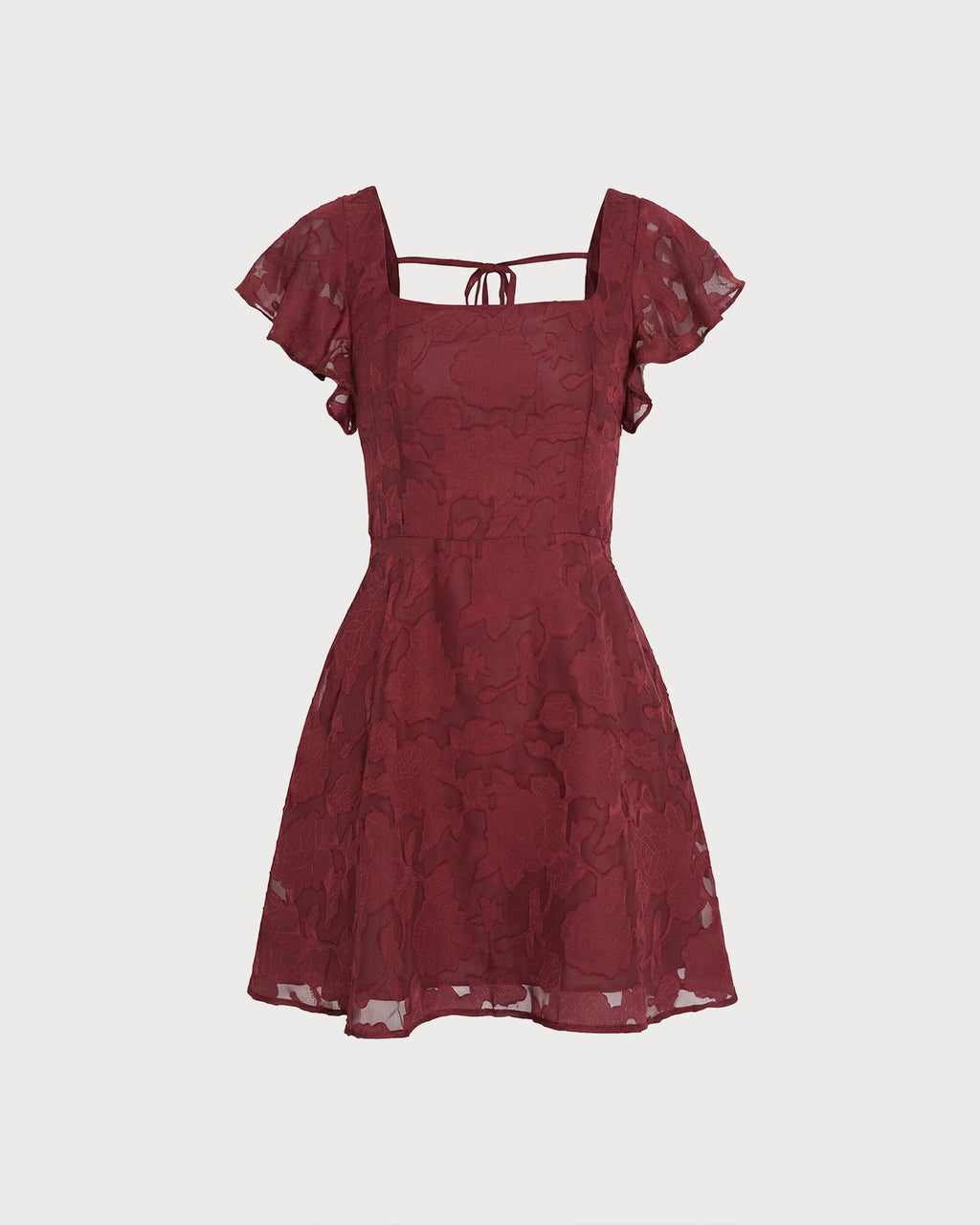Vestido mini de jacquard rojo vino con escote cuadrado
