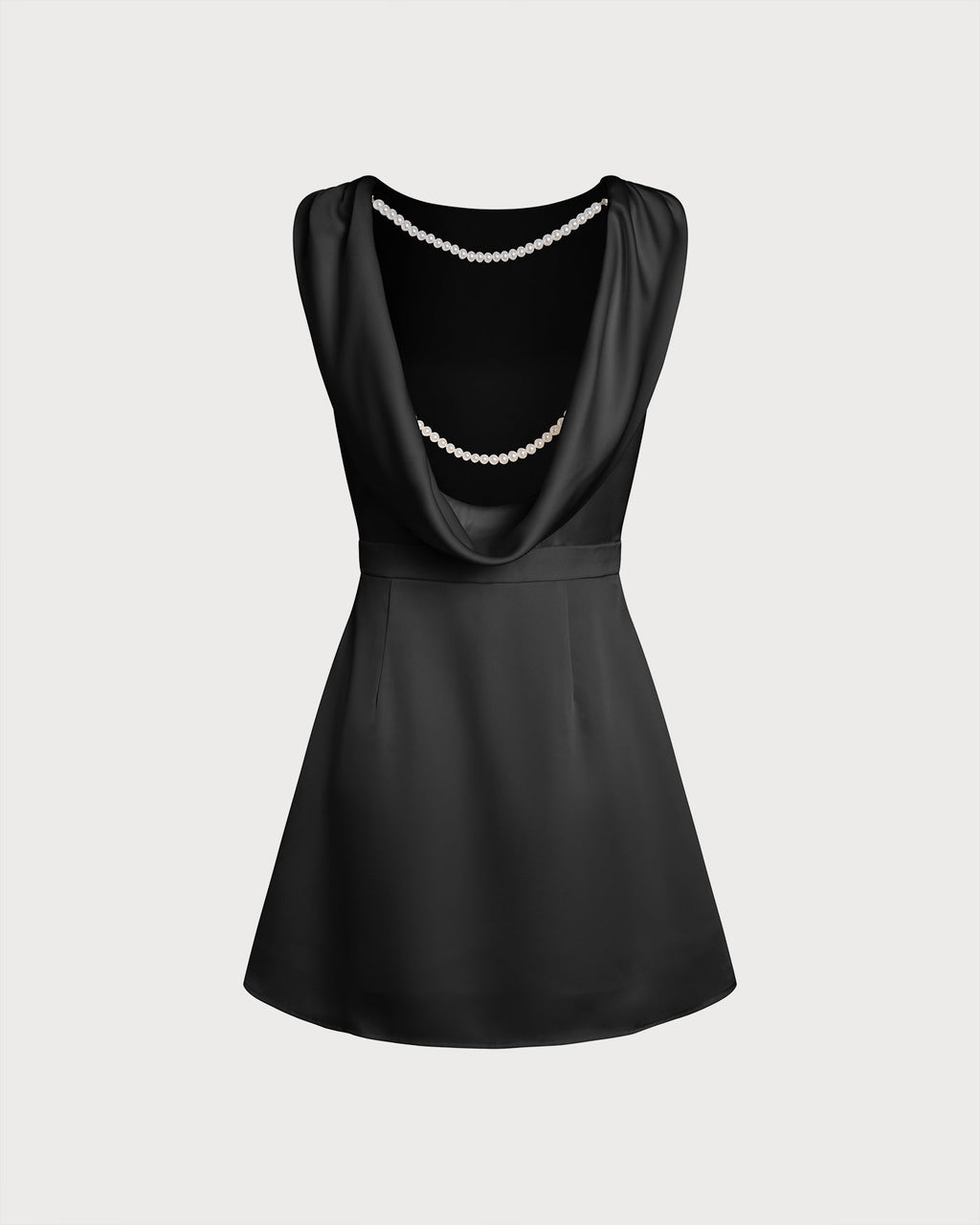 Elegante vestido mini negro de línea A con escote barco y adornos de perlas