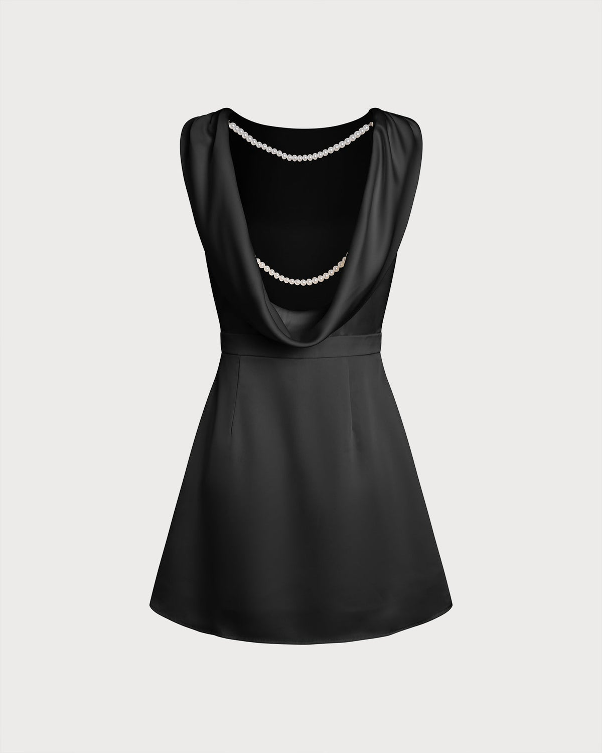 Elegante vestido mini negro de línea A con escote barco y adornos de perlas