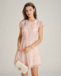 Vestido mini rosa de jacquard con elegantes mangas cortas estructuradas