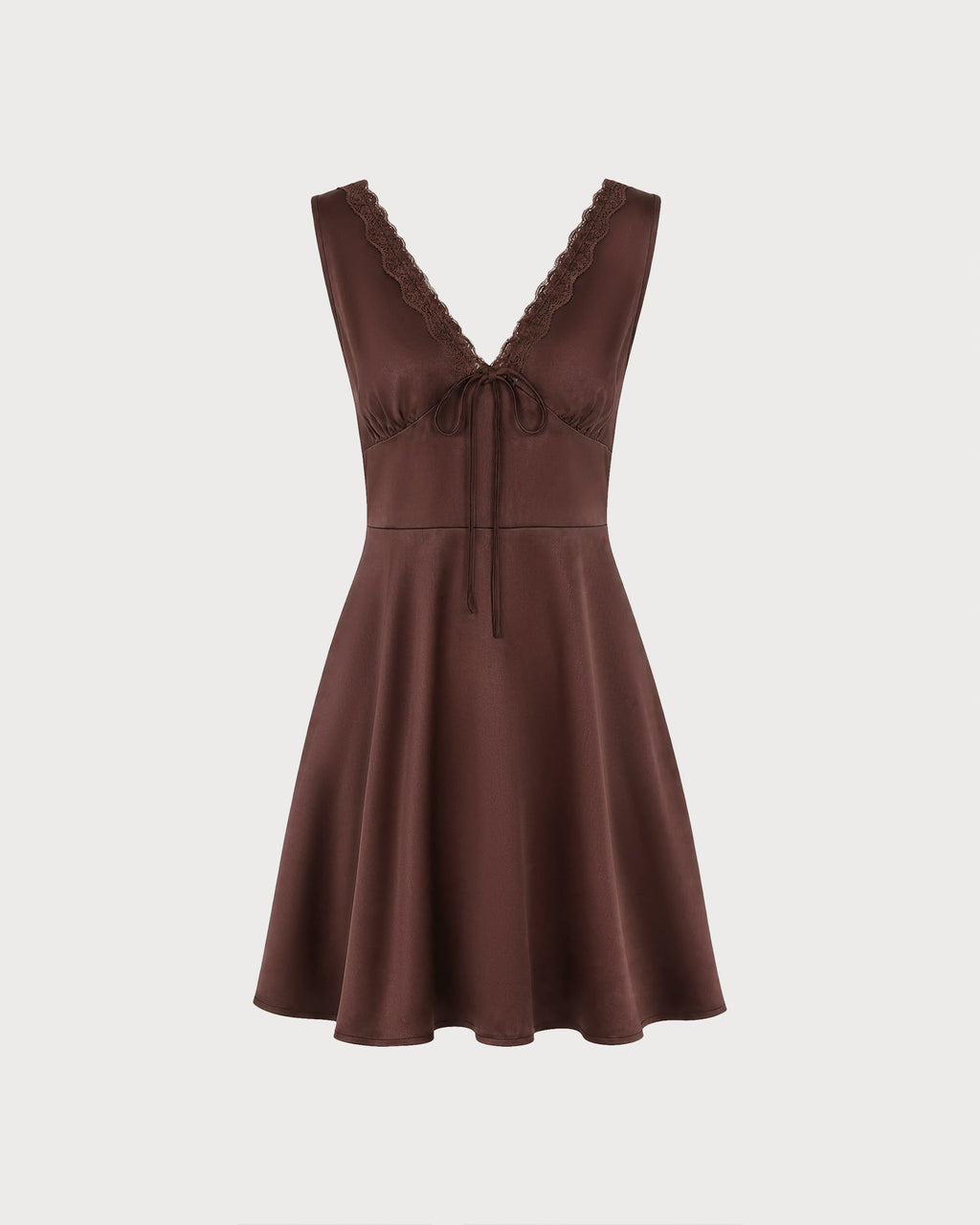 Vestido mini marrón de satén sin mangas con cuello en V