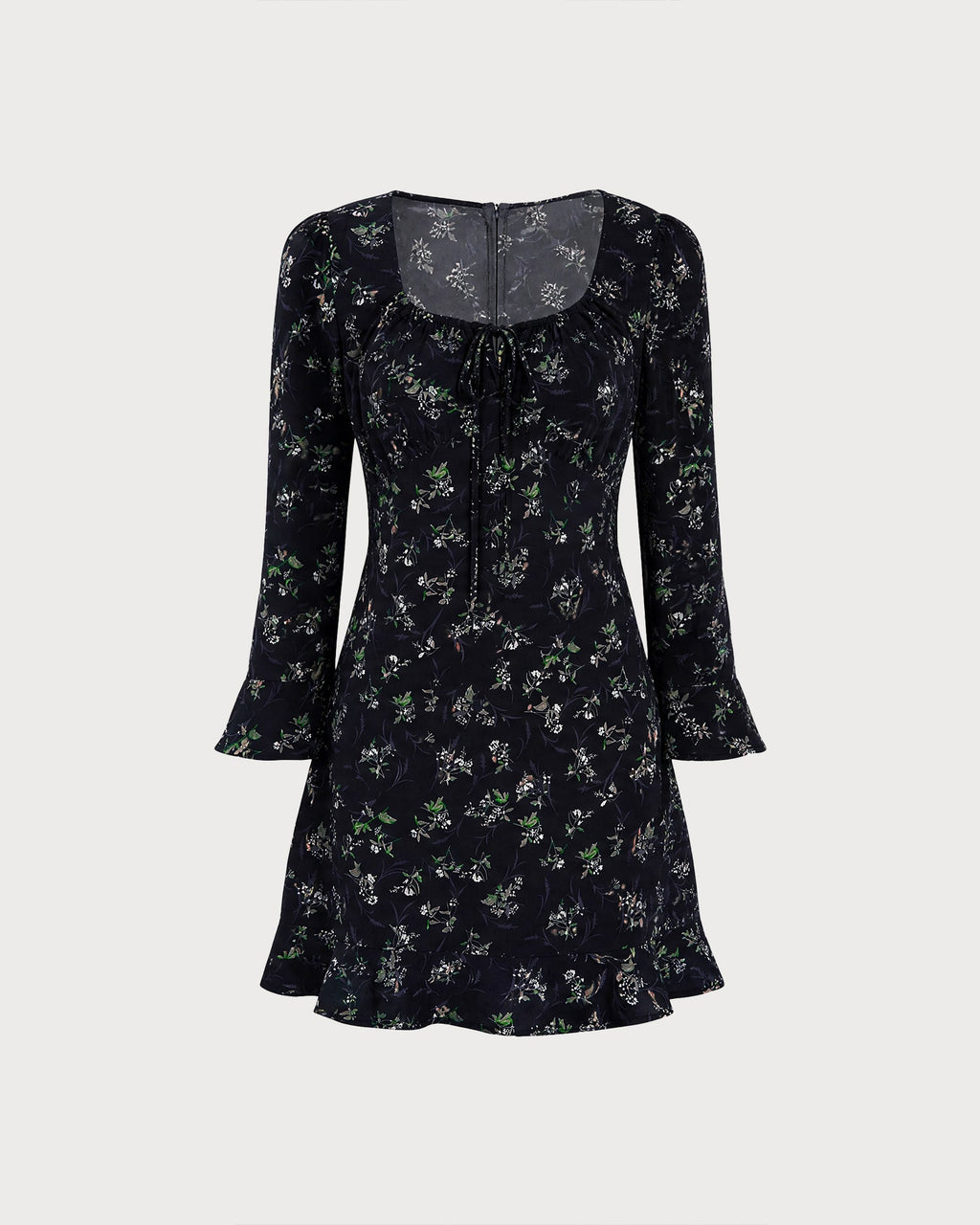 Vestido mini azul marino con estampado floral, volantes y escote cuadrado