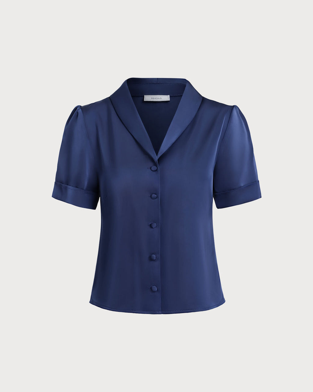 Blusa elegante de satén azul marino con botones
