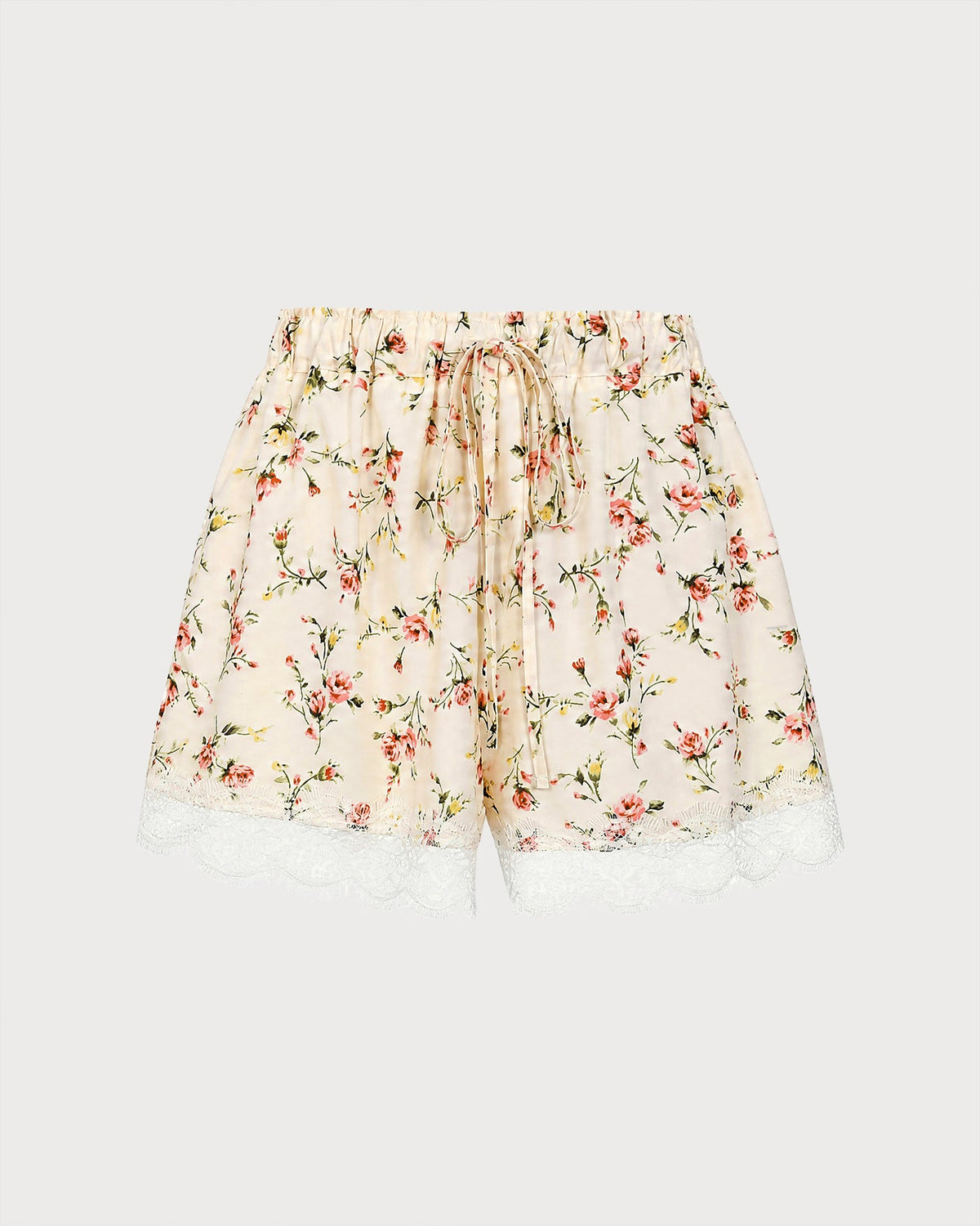 Shorts de encaje floral color albaricoque con cintura elástica cómoda