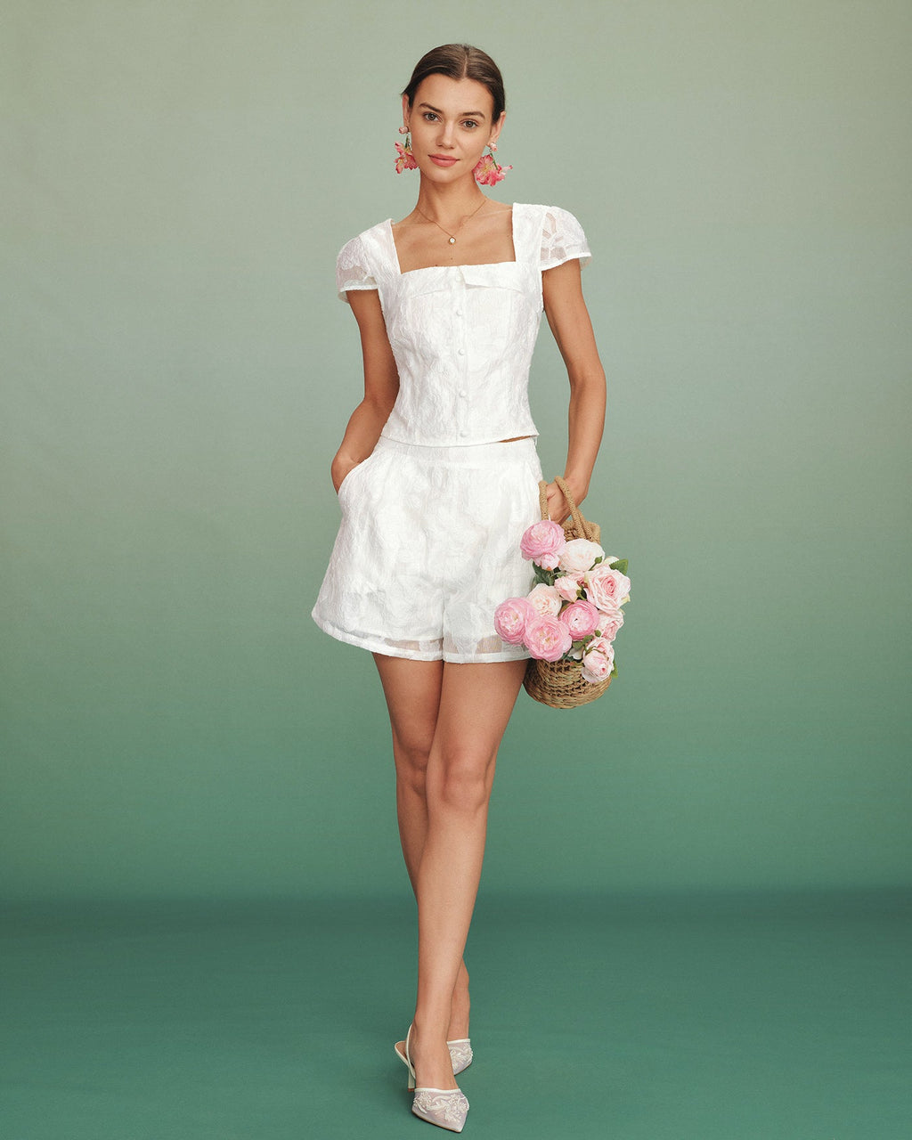 Pantalones cortos blancos de jacquard con bolsillos elegantes