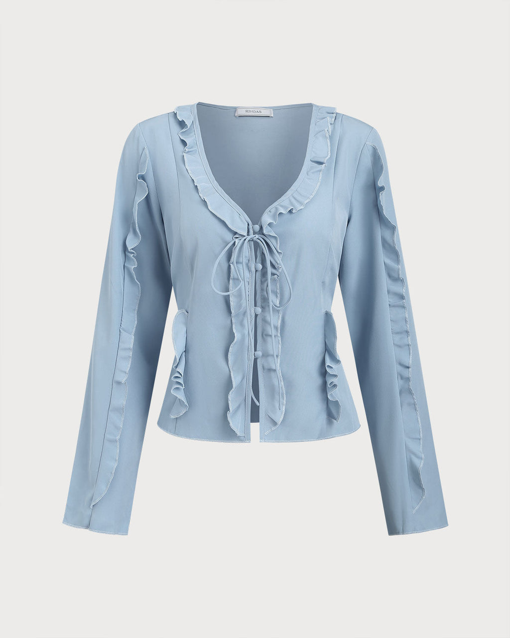 Blusa elegante azul con volantes, escote en V y botones delanteros