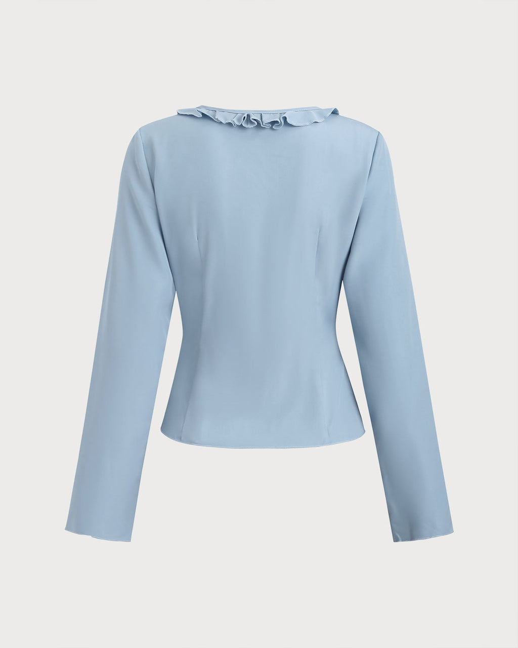 Blusa elegante azul con volantes, escote en V y botones delanteros